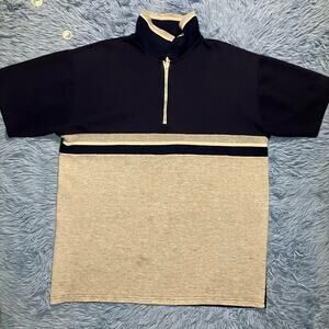VINTAGE 1/4 Zip Up Striped Polo Shirt Size Large Mens Retro Navy Blue Gray 90s